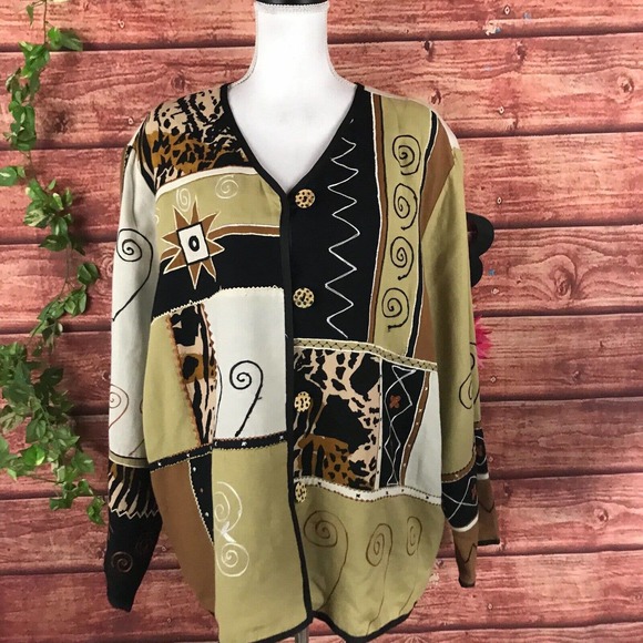 Indigo Moon Jackets & Blazers - Indigo Moon Jacket Plus 2X Black Brown Embroidery Artsy Jungle Safari Cheetah